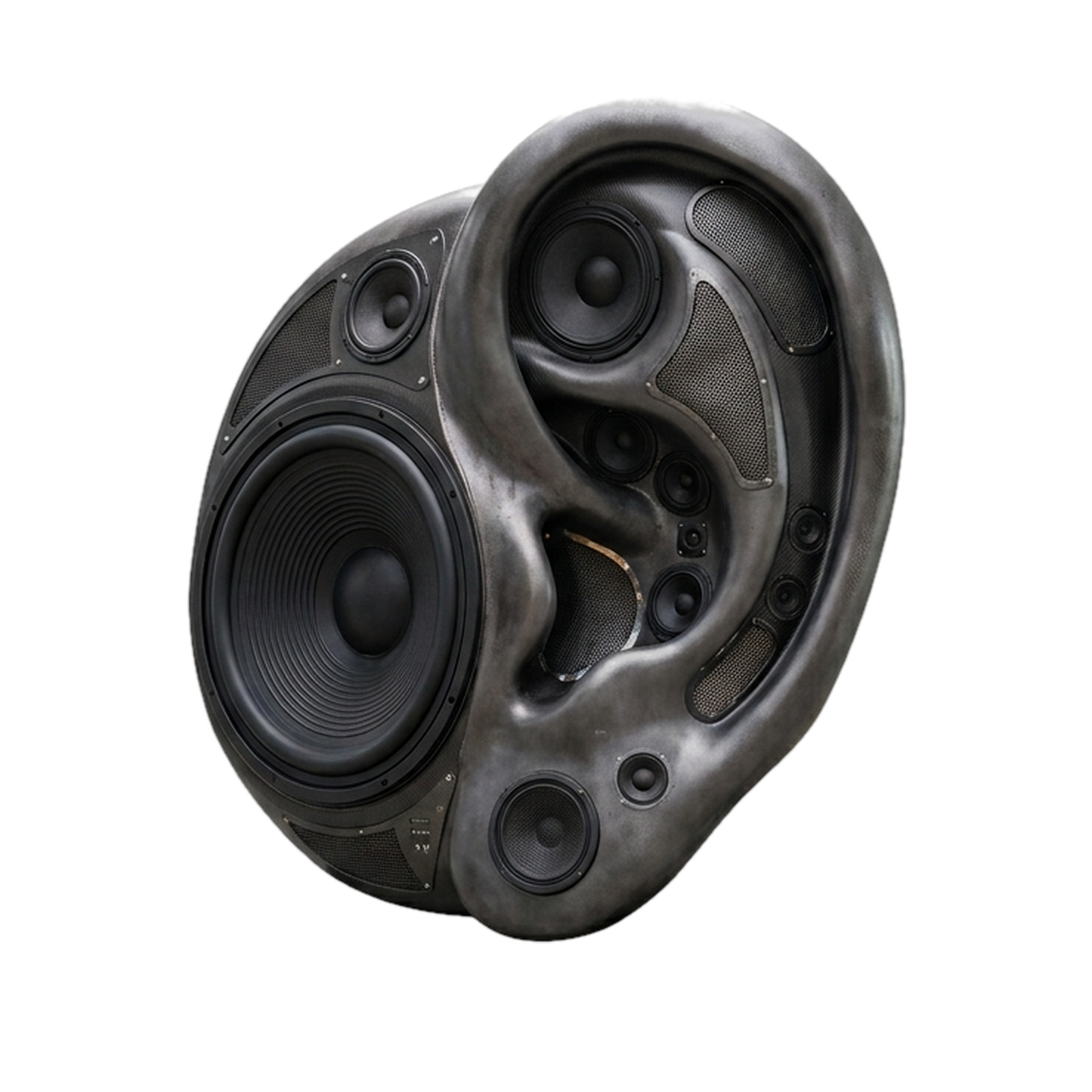 A sculpture of a human ear built from loudspeakers
